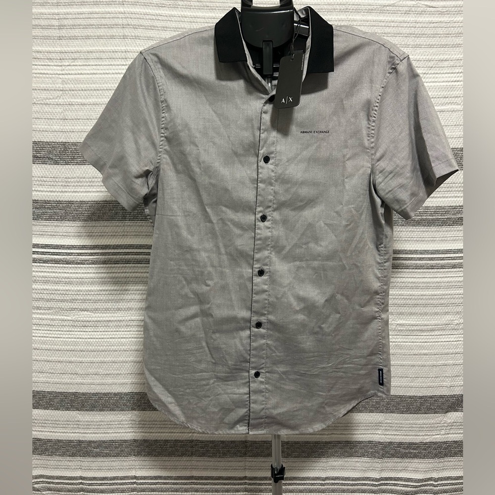 Armani Exchange Men’s Medium Slim Fit Grey Button Up | Collared Polo Top